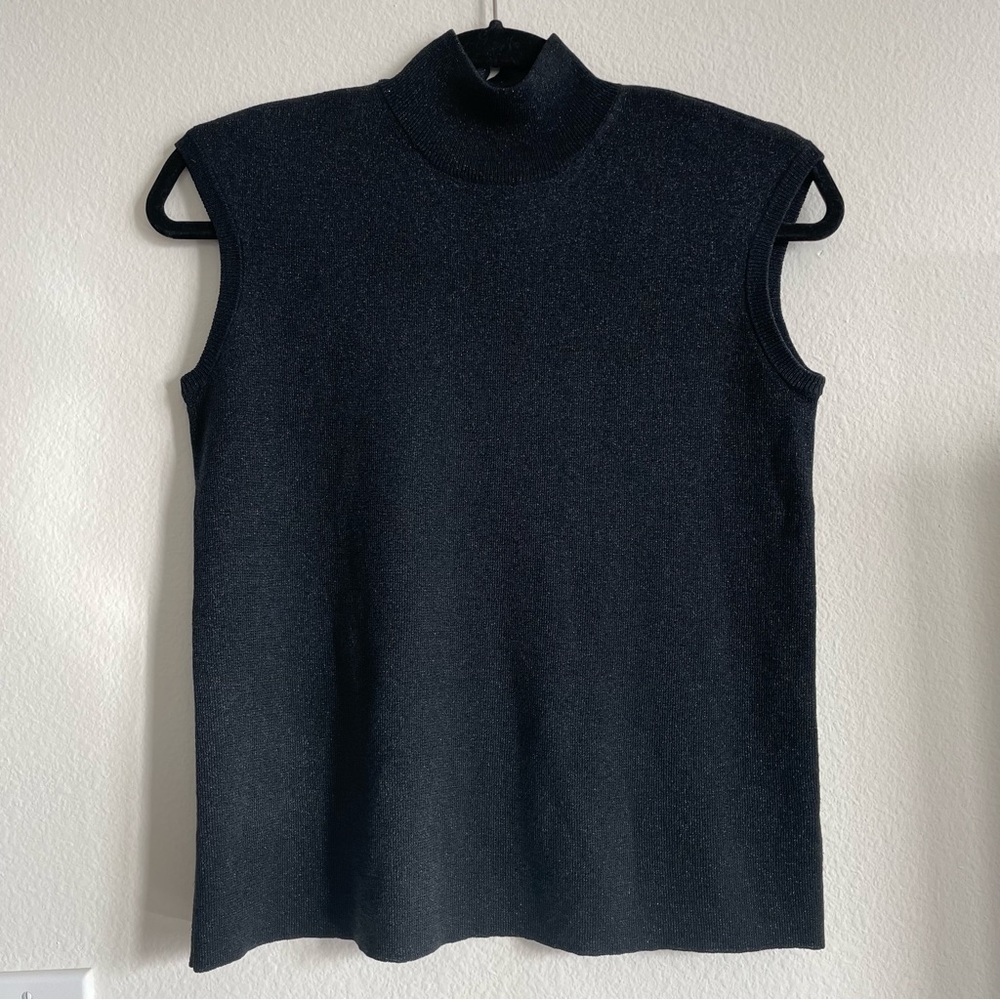 Vintage Coldwater Creek Black Silk Silver Metallic Blend Knit Mock Neck Tank Top